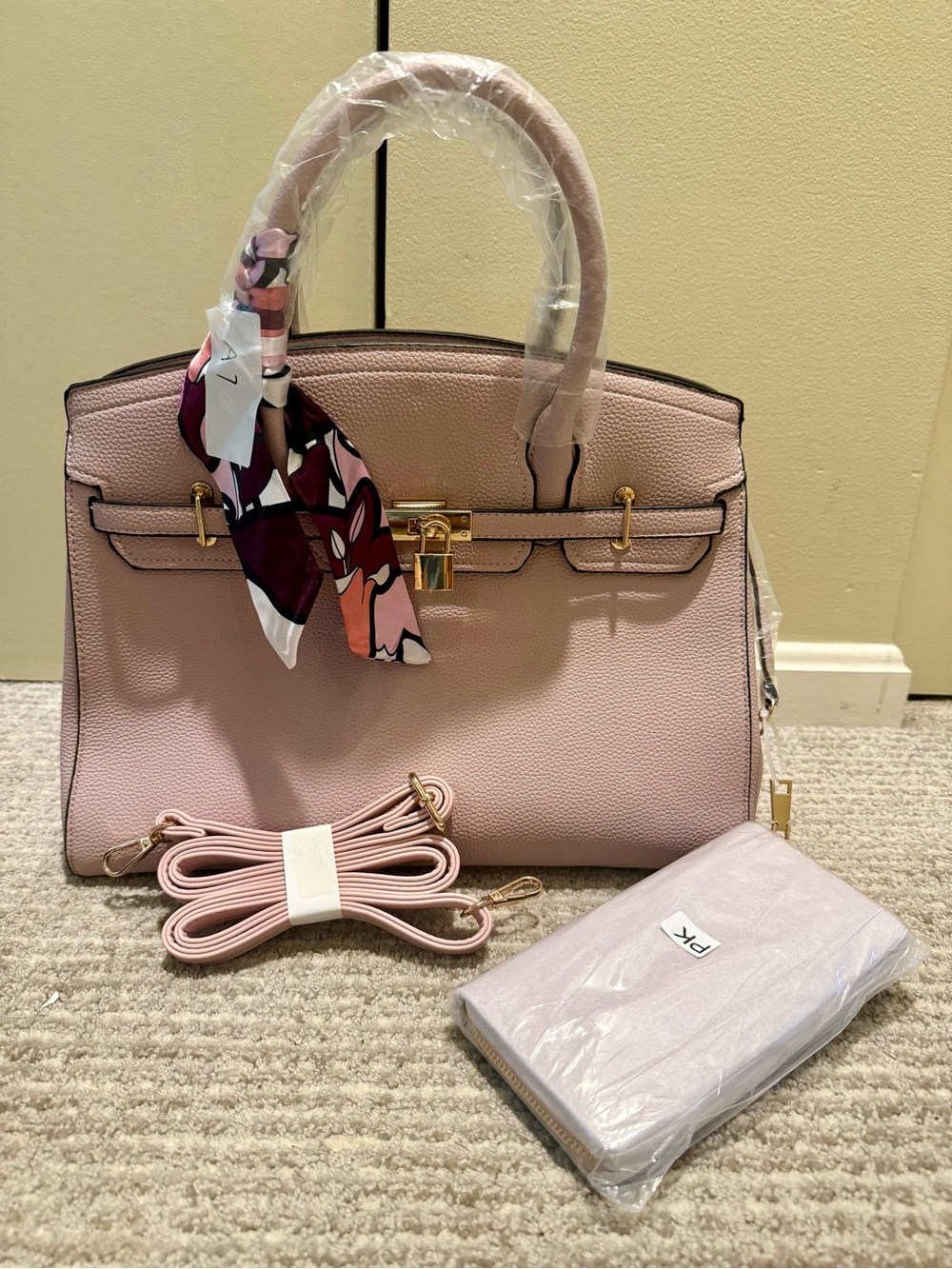 Classic Pink/Purple Structured Tote Handbag with Scarf Accent - Picture 2 of 4
